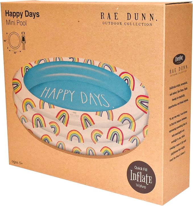 Coconut Float Rae Dunn x Mini Pool with Rainbow Graphics - Happy Days! Inflatable Swimming Pool for Kids - Great Splash Pool for Backyard, Summer Parties & Swim Events Ages 5+