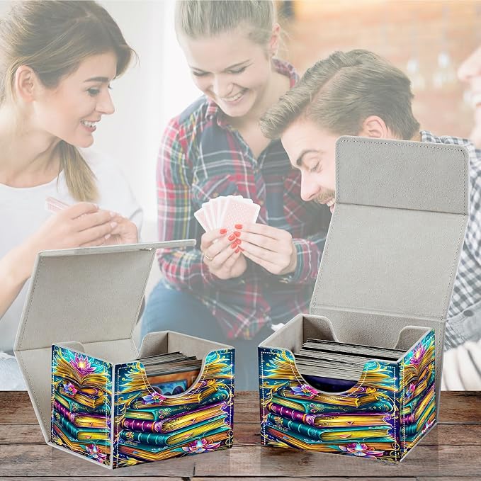 Card Deck Box for MTG, Cards Storage Box Fits 120+ Sleeved, Leather Small Size Strong Magnetic Closing Card Case for Board Games Magic TCG CCG Baseball Collection, Book Lotus Flower