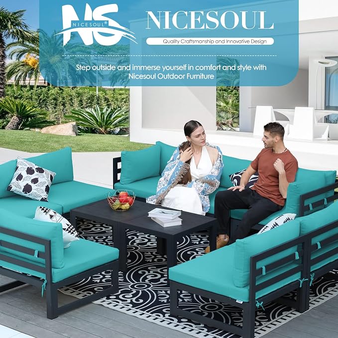 NICESOUL 10 Piece Oversized Modular Aluminum Outdoor Furniture Set, 29" Deep and Wide Sectional Seating, 500 lbs High Weight Capacity Water Resistant Patio Conversation Set for Garden Deck, Turquoise