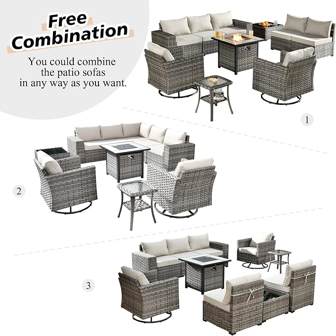 HOOOWOOO Outdoor Patio Sectional Furniture Sofa Set with Fire Pit Table,10 Piece Modern Wicker Couch with Swivel Chairs,Modular Conversation Seating Set with Widened Armrest for Garden(Beige Tan)