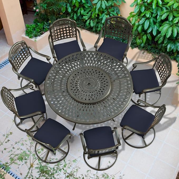 VIVIJASON 9-Piece Outdoor Furniture Dining Set, Rust-Free Cast Aluminum Patio Conversation Set, Include 8 Swivel Dining Chairs & 61" Round Dining Table with 31" Lazy Susan, Umbrella Hole, Navy Blue