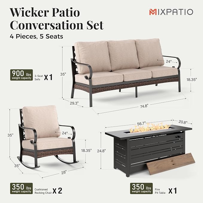 MIXPATIO Patio Furniture Set with Firepit Table, Black Frame Outdoor Conversation Set with 2 x Rocking Chairs, 1 x 3-Seat Sofa for Lawn Garden Backyard, Beige