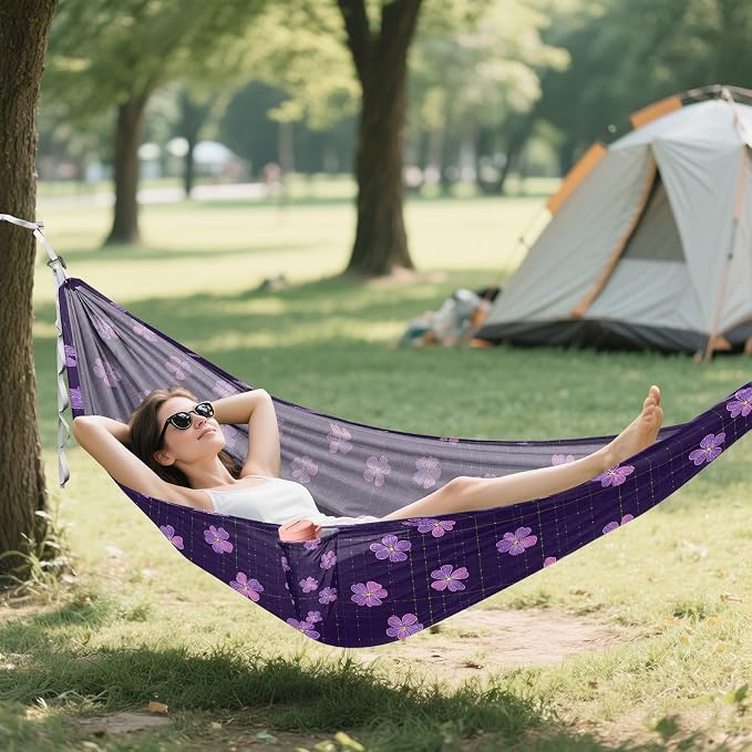 Camping Hammock Outdoor Hammocks for Outside Purple Hibiscus Flower Beach Trees Portable Lightweight with Pockets Tree Straps Indoor
