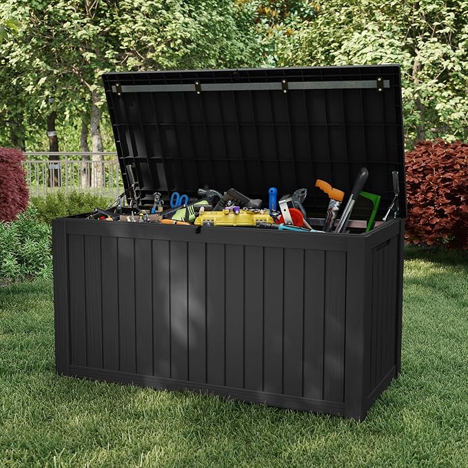 ROJIK Outdoor Storage Box, 180 Gallon Waterproof Resin Deck Box with Hydraulic Lid, Large Lockable Storage Bin UV-Resistant for Patio Furniture Cushions, Garden Tools, Pool Accessories, Black