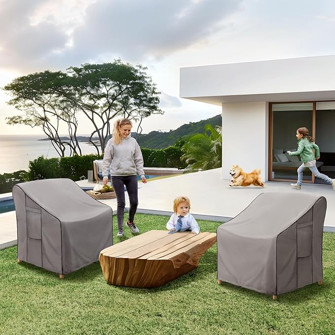 KylinLucky Heavy Duty Patio Chair Covers 2-Pack 32"x35"x36" 600D, Waterproof Outdoor Chair Covers with Security Straps & Air Vents, Grey