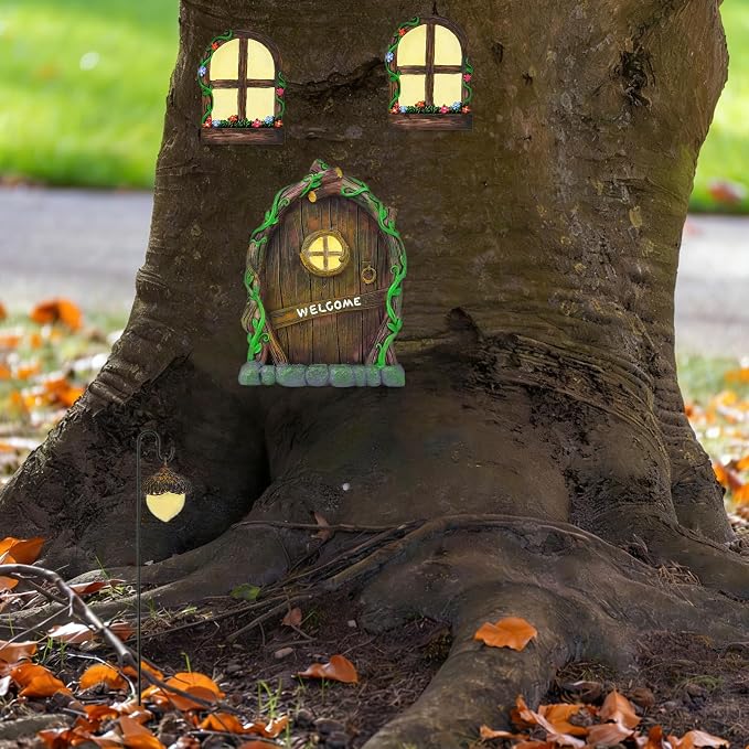 Fairy Door and Windows for Trees Outdoor, Glow in The Dark Fairy Doors Miniature Fairy Garden Accessories, Yard Art Sculpture Decoration Fairy Garden Decor with Lantern for Outside, Patio