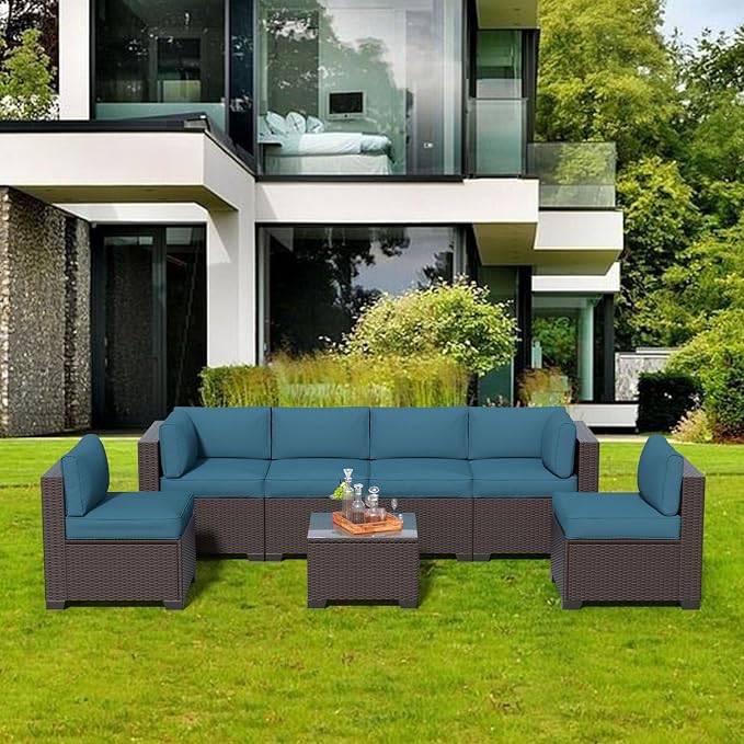 7 Piece Patio Furniture Set, Wicker Patio Conversation Sets, Outdoor Sectional Furniture with Tempered Glass Table, for Backyard, Deck, Garden, Dark Brown Rattan & Peacock Blue Cushions