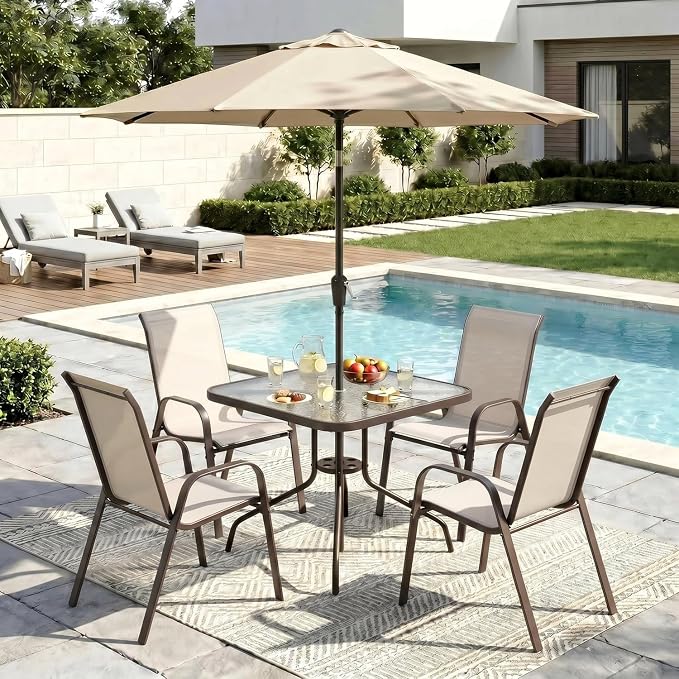 Arlopu 5 Piece Outdoor Patio Dining Set (Umbrella not Included), Porch Furniture with 4 Textline Chairs, 1 Square Glass Table for Garden, Backyard and Poolside, Lawn (Beige)
