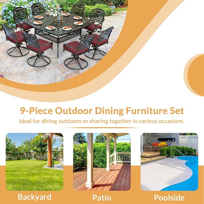 9 Piece Outdoor Patio Dining Set for 8, Cast Aluminium Large Square Dining Table & 8 Swivel Rocker Chairs with Removable Cushions, Umbrella Hole, Patio Furniture Set for Garden, Chili Red