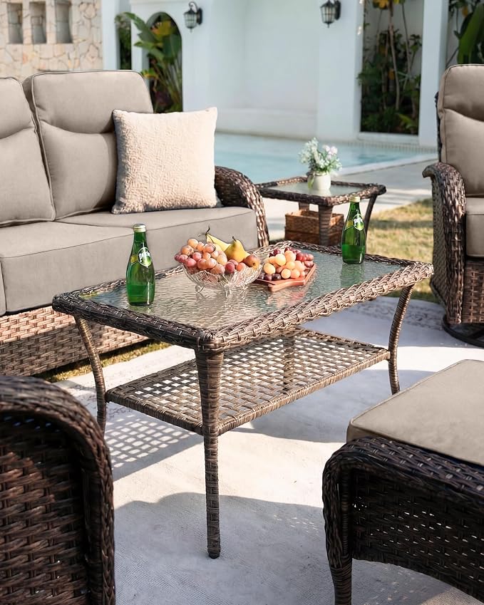 Belord Upgraded 6“ Cushion Luxury Patio Furniture Set - 7 Piece Wicker Furniture Set, Comfort Outdoor Couch and High Back Swivel Rocker Patio Chairs, Conversation Set for Deck Porch - Brown/Beige