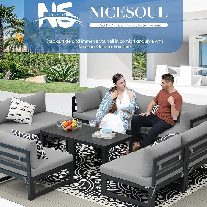 NICESOUL 14 Piece Modern Aluminum Outdoor Patio Furniture Set with Coffee Table, Extra Large L Shaped Modular Sectional Couch, 29" Wide Deep Seating Conversation Sofa for Terrace Exterior, Light Gray