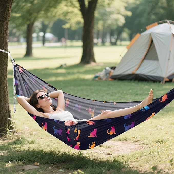 Camping Hammock Outdoor Hammocks for Outside Cat Silhouette Beach Trees Portable Lightweight with Pockets Tree Straps Indoor