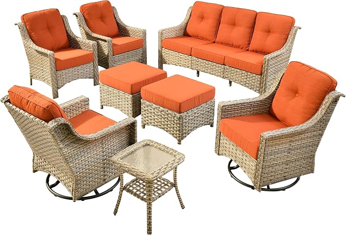 8 PCS Outdoor Patio Furniture Sets ,Patio Conversation Sets Outside Rattan Soft Cushion Sofa with 2 Wicker Rocking Chairs Soft Cushion Fit Backyard Porch Garden Poolside Balcony,Coarse Stripes Red