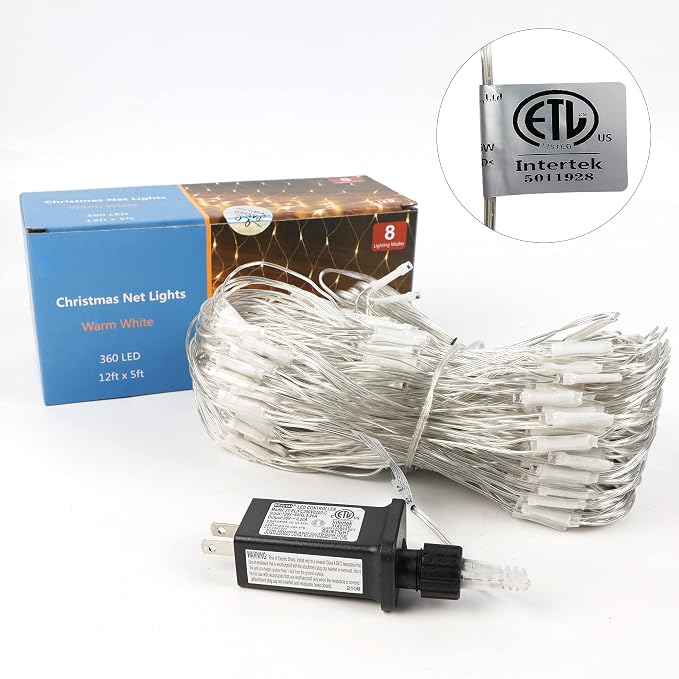 LJLNION Christmas Net Lights, 360 LED 12ft x 5ft Connectable Mesh Fairy String Lights,8 Modes Low Voltage Safe Adaptor for Xmas Trees, Bushes, Wedding, Outdoor Garden Decorations, Warm White