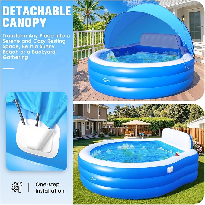 2026 Upgraded Inflatable Pool with Canopy, Inflatable Family Lounge Pool, Round Blow Up Pool for Adult with Bench & Backrest, Swim Center Easy Backyard Pools for Adults, 90"x90"x80", Cyan