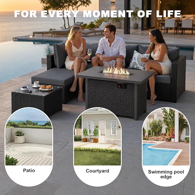 5 Piece Patio Furniture Sets, Outdoor Patio Set Sectional Sofa, All-Weather PE Rattan Couch with Cushion, Glass Table for Gatherings, Parties, Sports Viewing (Gray, 6-Piece Fire Pit Table Set)