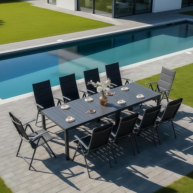 PURPLE LEAF Outdoor Dining Set for 11 Folding Patio Dining Set with Aluminum Rectangular Table and Padded Chairs All Weather Dining Table Sets for Garden Backyard Poolside, Black