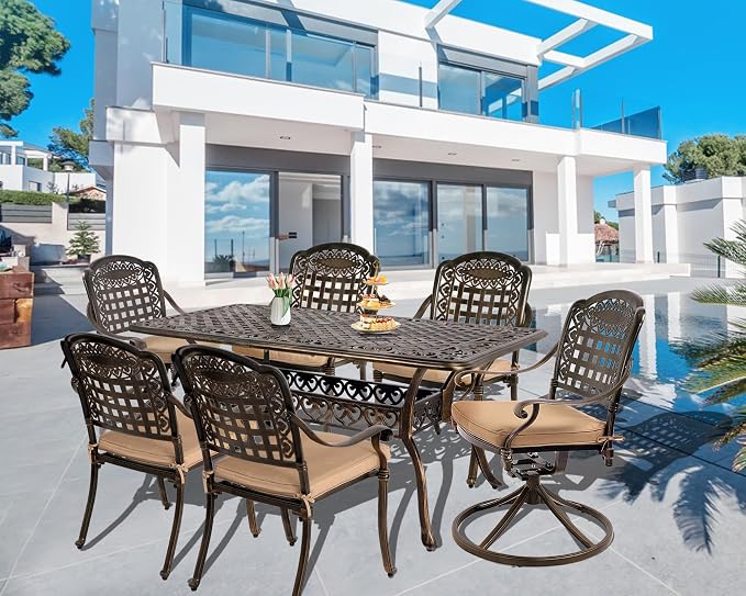 Grepatio 7 Piece Cast Aluminum Outdoor Dining Set, Patio Furniture Set with 2“ Umbrella Hole and 4 Chair & 2 Swivel Chairs with Cushions, Dining Furniture Set for Porch Poolside Garden (Khaki Grid)