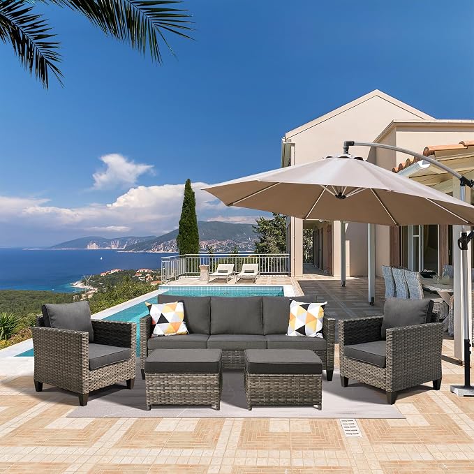 ovios 5 Pieces Patio Furniture Set, Outdoor Wicker Sofa Couch with Chairs Comfy Cushions, All Weather Grey Rattan Conversation Set for Backyard Deck Porch, Black