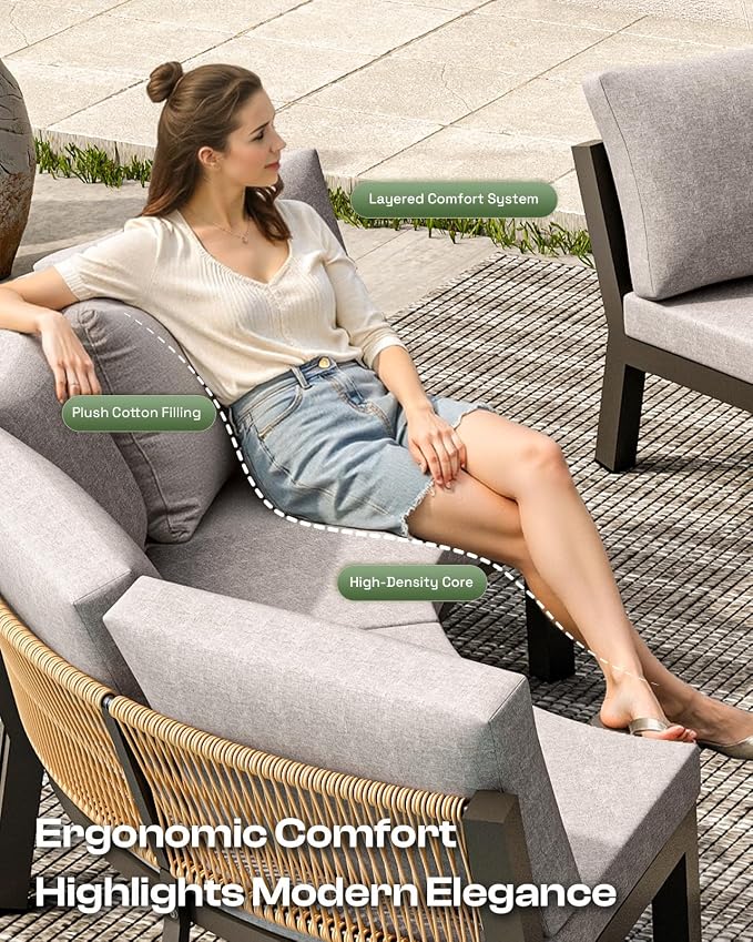 Outdoor Patio Furniture Set, 4 Piece Half Moon Aluminum Patio Conversation Sets Curved Sofa with PE Rope, All-Weather Sectional Furniture Set with Modular Coffee Table & Cushions, Gray