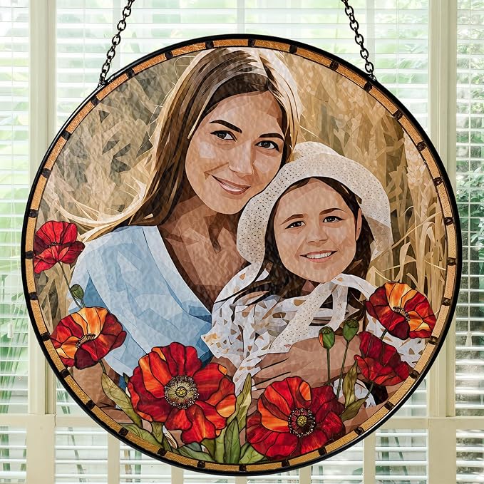 Custom Photo with Flowers, Personalized Stained Glass Window Hanging Suncatcher - Mother's Day, Birthday Gift for Mom, Grandma, Family, Portrait Family