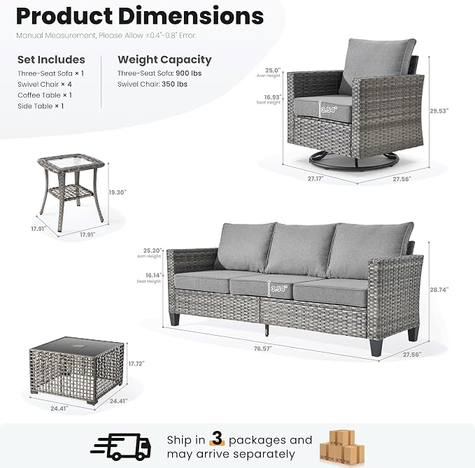 ovios 8 Pieces Patio Furniture Set with Swivel Chairs Rocking Gliders, Outdoor Sofa Couch with Solar Lights Table Comfy Cushions, Modern Deep Seat Wicker Rattan Conversation Set, Dark Grey