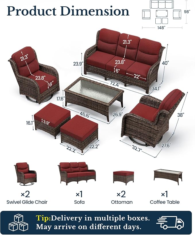 HILLGA Luxury High Back Patio Furniture Set with 6-Inch Thick Cushion, 6-Piece Outdoor Conversation Set with Sofa, Swivel Rocker Chairs & Ottomans, Ideal for Porch Pool Deck Yard (Burgundy)