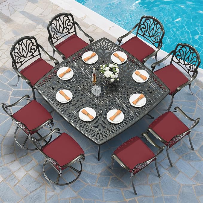 MEETWARM 9-Piece Outdoor Patio Dining Set for 8, All Weather Cast Aluminum Patio Funiture Table and Chairs Set- Large 64" Square Table and 2 Swivel Rocker Chairs, 6 Stationary, Umbrella Hole, Red