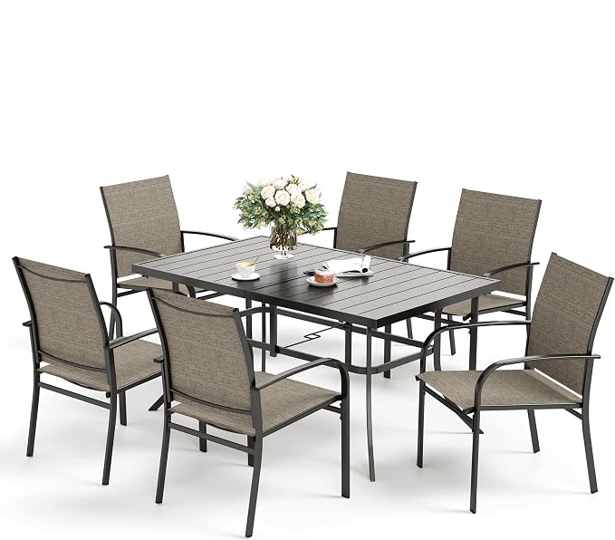 SUNSHINE VALLEY 7 PCS Patio Dining Set for 6, Rectangular Metal Table with Umbrella Hole, 6 x Brown Dining Chairs, Outdoor Table and Chairs Set for Lawn Backyard and Deck