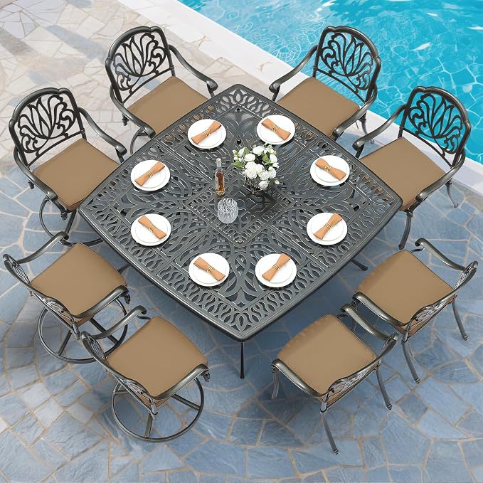 MEETWARM 9-Piece Outdoor Patio Dining Set for 8, All Weather Cast Aluminum Patio Funiture Table and Chairs Set- Large 64" Square Table and 4 Swivel Rocker Chairs, 4 Stationary, Umbrella Hole, Khaki