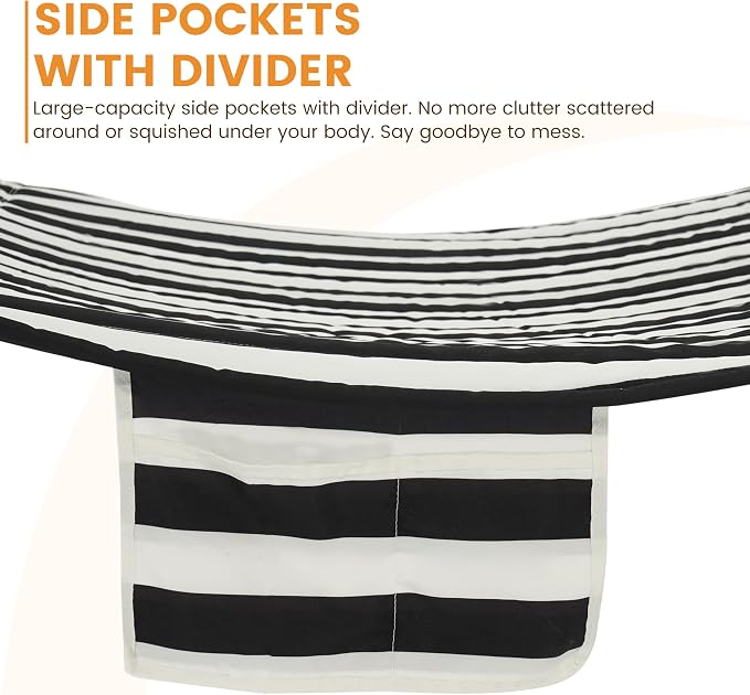 Lazy Daze Hammocks 2 Person Portable Hammock with 12FT Stand for Outside, 10.5FT Quilted Double Hammock with Spreader Bar and Detachable Pillow, 450lbs Capacity for Outdoor Patio, Black White Stripes