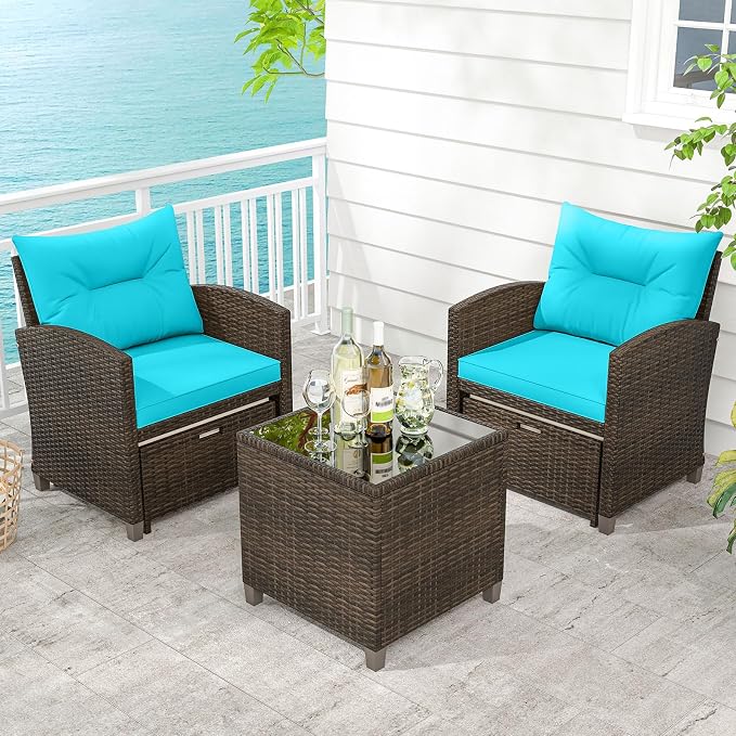 ORALNER 5 Pieces Patio Furniture Set with Ottoman, Wicker Conversation Set w/Cushions, Glass Coffee Table, Outdoor Rattan Lounger Chairs Bistro Set for Porch Balcony Garden Deck Poolside (Turquoise)