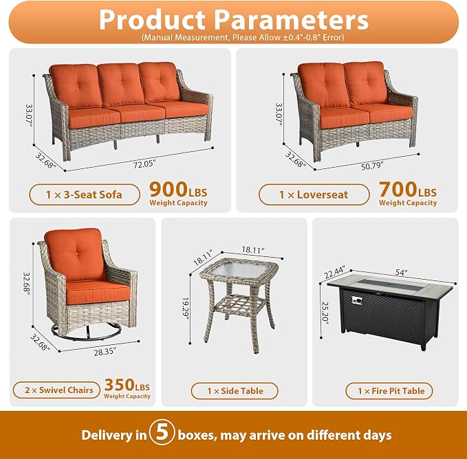 6 PCS Outdoor Patio Furniture Sets,Patio Conversation Sets Outside Rattan Soft Cushion Sofa with 2 Wicker Rocking Chairs & 54 in Fire Pit Table Fit Backyard Garden Poolside Balcony,Coarse Stripes Red
