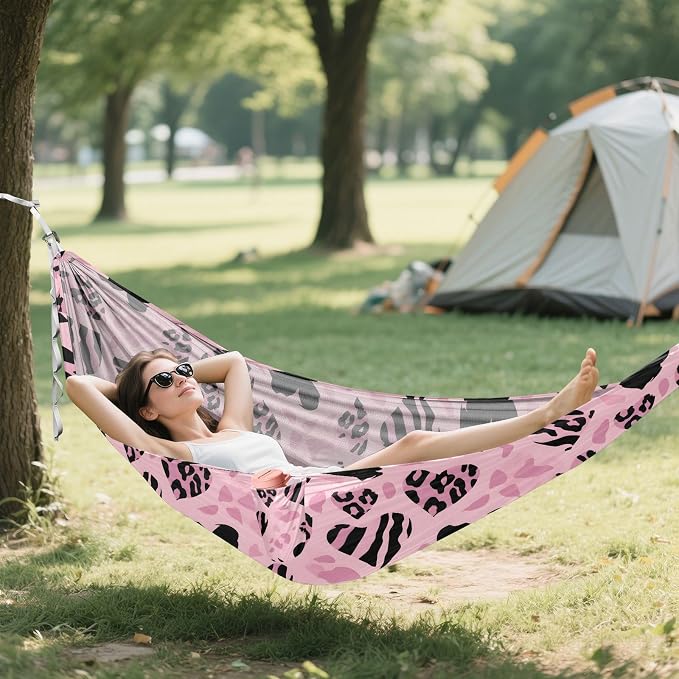 Camping Hammock Outdoor Hammocks for Outside Pink Heart-Shaped Leopard Beach Trees Portable Lightweight with Pockets Tree Straps Indoor
