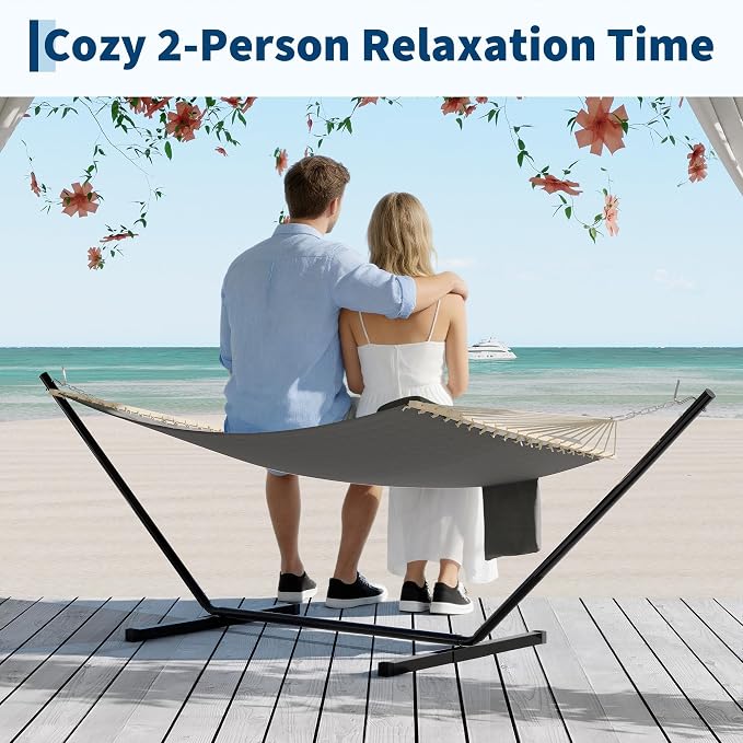 Double Quilted Hammock with Spreader Bar, 12FT, Detachable Pillow, 2-Person | cotton-polyester blend, UV-resistant, quick-dry, 450lbs, for patio/backyard/poolside, Dark Gray