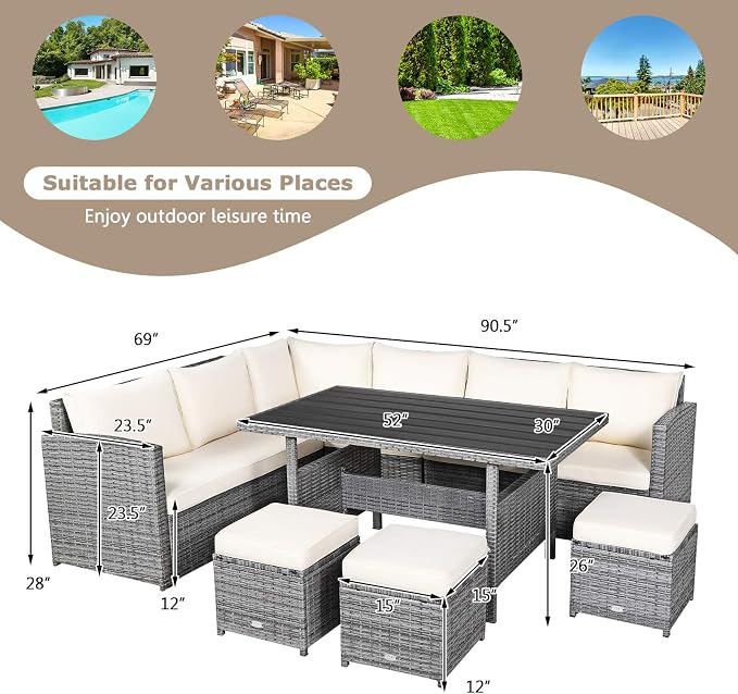 HAPPYGRILL 7 Pieces Rattan Wicker Patio Conversation Set, Outdoor Patio Furniture Set with Cushions, Rattan Sofa Set with Dining Table & Ottomans for Poolside Backyard Balcony Garden (Beige)