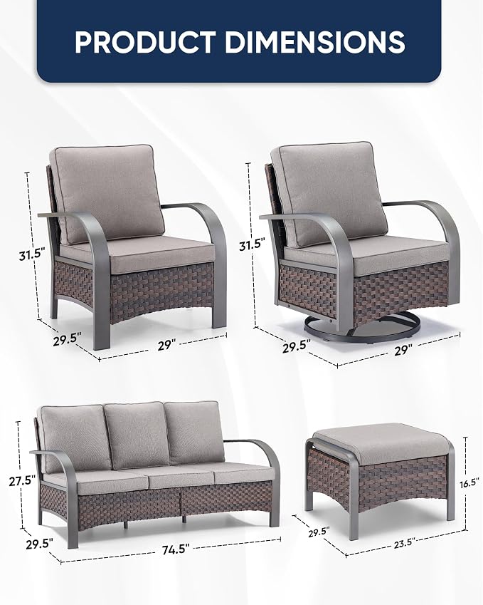 HUMMUH 7 Piece Outdoor Patio Furniture Sets-High Back Swivel Rocker Patio Chairs with Wicker Patio Couch Outdoor Conversation Furniture Set for Deck Porch Garden Poolside Backyard-Brown/Grey