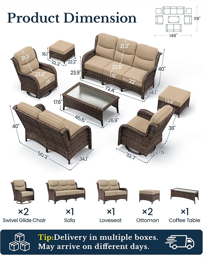 HILLGA Luxury High Back Patio Furniture Set with 6-Inch Thick Cushion, 7-Piece Outdoor Conversation Set with Sofa, Swivel Rocker Chairs & Ottomans, Ideal for Porch Pool Deck Yard (Beige)