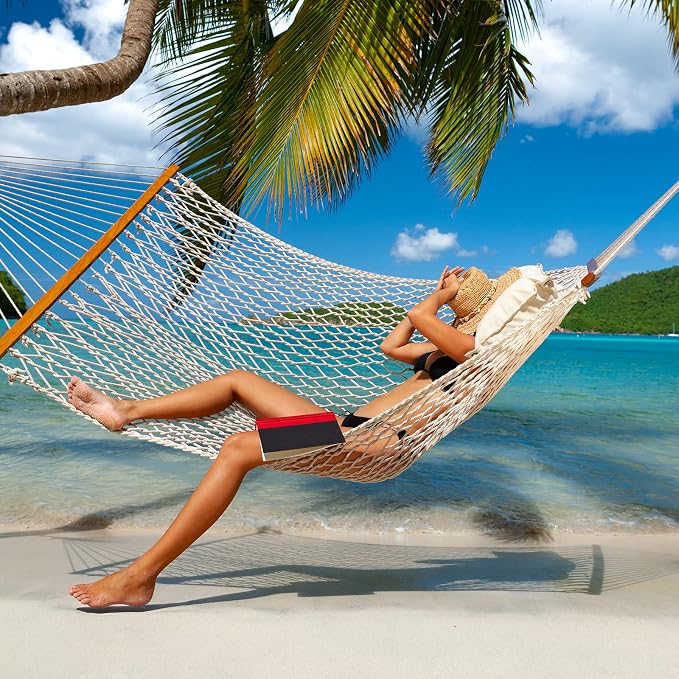 Gafete Rope Hammocks Swing with 5ft Tree Straps, Traditional Hand Woven Cotton 52" Double Hammock with Free Chains & Straps & Hooks & Hardwood Spreader Bar for Outside Outdoor, Max 450Lbs (Natural)