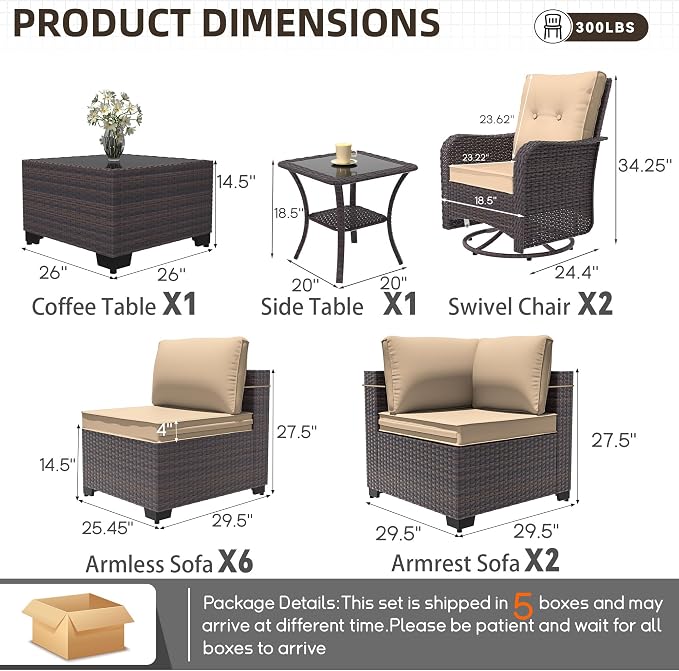 Patio Furniture Set 12 Pieces Outdoor Sectional Sofa Set,All Weather Wicker Patio Swivel Rocking Chairs Sofa PE Rattan Patio Conversation Set w/Cushions and Glass Coffee Table,Sand