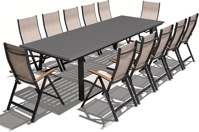Pellebant 13 Pieces Aluminum Patio Table and Chairs Set - 118" Rectangular Table and Foldable Chairs Outdoor Dining Set with Umbrella Hole, Weather Resistant Sturdy Frame for Deck, Porch & Backyard