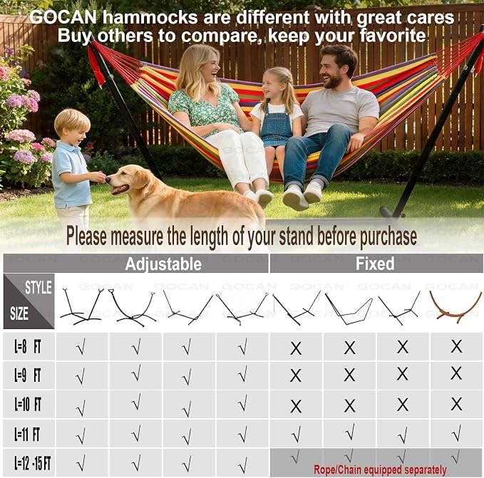 GOCAN Brazilian Double Hammock 2 Person Extra Large 220x160cm Total Length 330cm Load 500lb Canvas Cotton Hammock for Patio Porch Garden Backyard Lounging Outdoor and Indoor(Rainbow) XXL