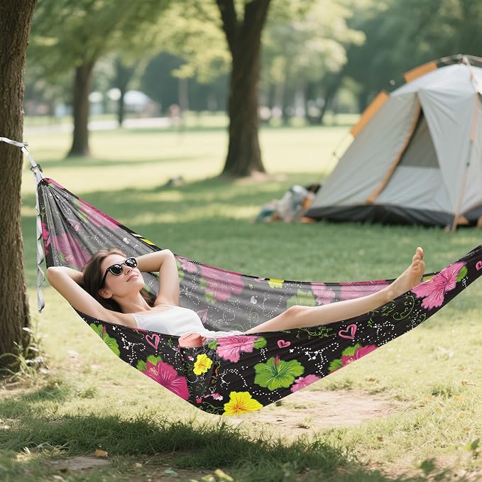 Camping Hammock Outdoor Hammocks for Outside Colorful Hibiscus Flower Beach Trees Portable Lightweight with Pockets Tree Straps Indoor