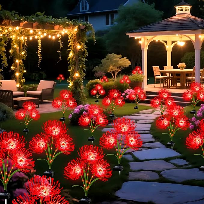 Solar Garden Flower Lights Outdoor, 4 Pack Red Spider Lily with Glowing Stems, Waterproof LED Yard Lawn Pathway Decor, Elegant Patio Garden Decoration, for Mom, Grandma, Women