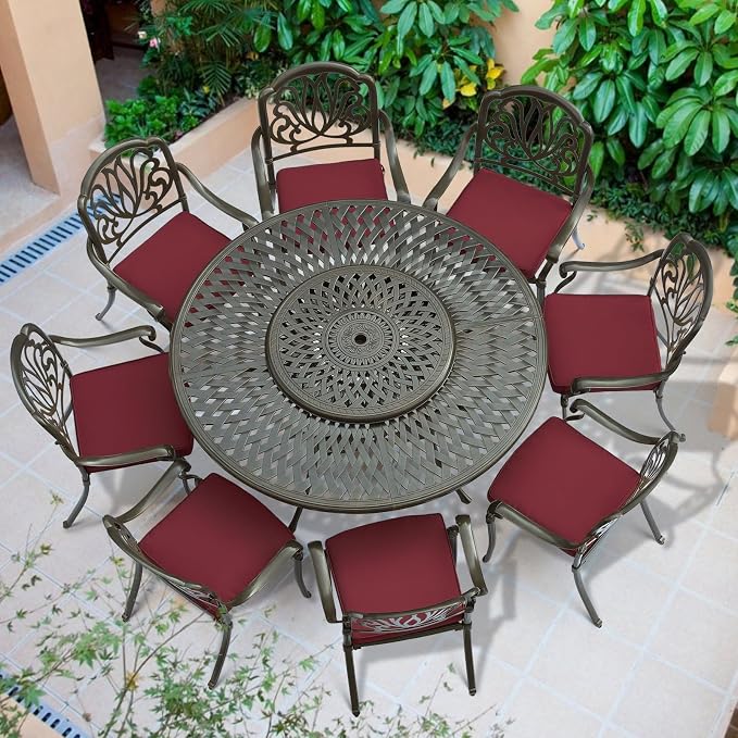 VIVIJASON 9-Piece Patio Furniture Dining Set, Rust-Free Cast Aluminum Outdoor Conversation Set, Include 8 Cushioned Chairs & 61" Round Dining Table with 31" Lazy Susan, Umbrella Hole, Red