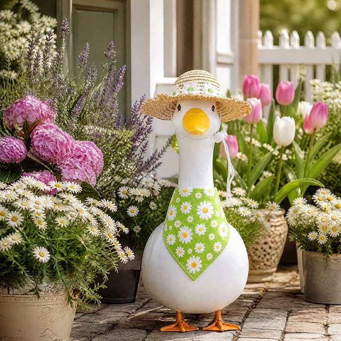 Spring Porch Goose Outfit - 2Pcs Green Daisy Flower Summer Goose Clothes with Floral Straw Hat & Bandana Bib, Lawn Garden Decor Accessories for 23 Inch Cement/Plastic Statue
