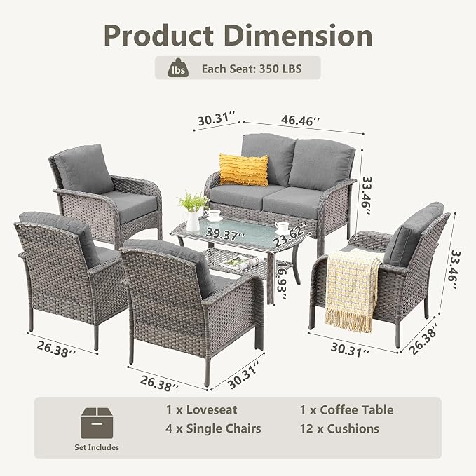 CAODOC 6-Piece Wicker Patio Furniture Set, All-Weather Rattan Conversation Bistro Loveseat Chair and Table Set for Backyard, Balcony and Deck with Soft Cushions and Metal Table(Dark Gray)