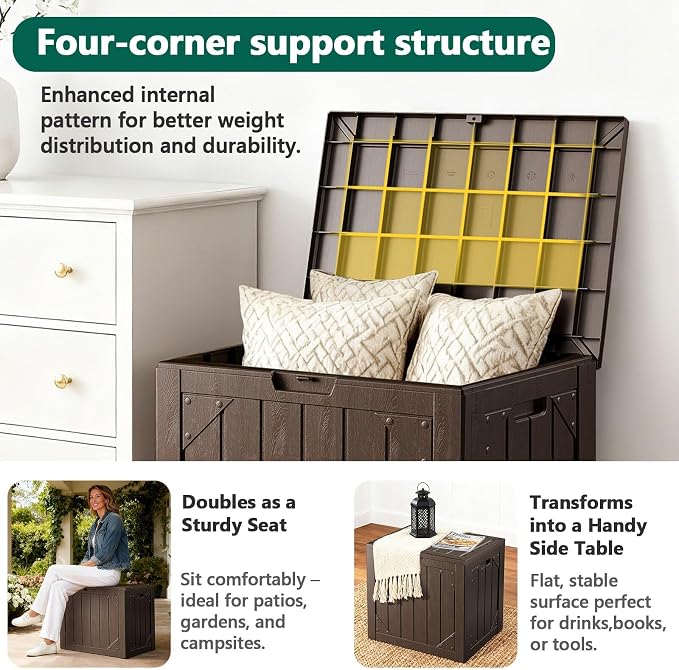 30 Gallon Outdoor Storage Box, Lockable Resin Deck Box for Patio Cushions, Throw Pillows, Garden Tools, Weatherproof Outdoor Storage Bench for Yard, Porch, or Balcony