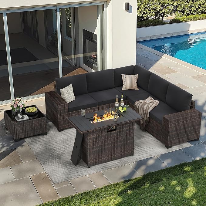 Soohow 7-Piece Patio Furniture Set with 44" Fire Pit Table, Outdoor Sectional Wicker Rattan Conversation Set for Garden, Porch, Backyard - Black Cushions