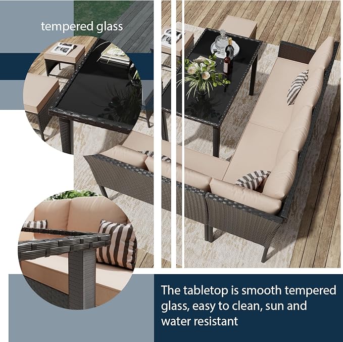 7-Piece Outdoor Patio Furniture Set, Wicker Sectional Sofa with Seat & Back Cushions & 3 Pillows, All-Weather Conversation Set with Long Glass Coffee Table for Garden, Porch, Lawn, Khaki